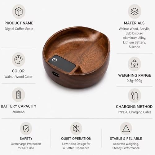 Coffee Scale with Timer Digital Espresso Scale with Walnut Wood Finish High Precision 0.3g-999g USB-C Rechargeable Walnut Brown,One Size - Image 5