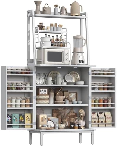 kepptory 51" Kitchen Baker's Rack with Storage, Microwave & Toaster Oven Stand, Freestanding Coffee Bar Station with Wine Glass Holder & Side Storage Shelves, White - Image 7