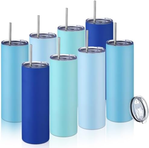8 Pcs 20oz Insulated Stainless Steel Tumbler with Lid and Straw, Blue by Patelai