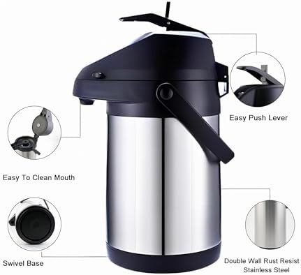 Insulated Thermal Coffee Carafe, 102oz (3L), Stainless Steel, Airpot Coffee Dispenser with Pump for Hot/Cold Drinks - Image 3