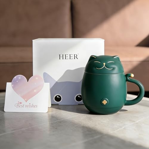HEER Ceramic Cat Tea Cup 10oz with Infuser and Lid, Green - Image 2