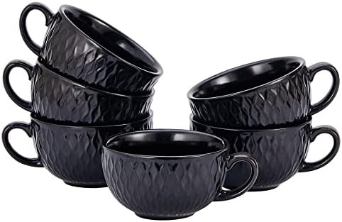 Coffeezone Set of 6 Cups Vintage Design 12 oz Professional Barista Ceramic Latte Art Cappuccino Cups Set (Embossed Black * 6) by Coffeezone