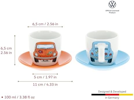BRISA VW Collection - Volkswagen Espresso Cups Coffee-Tea-Cappuccino Set in Beetle Design (Beetle Front/100ml/3.4 fl oz) (Set of 2 (light blue, orange)) - Image 3