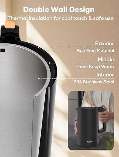 Electric Kettle, Double Wall 1.7L Stainless Steel Cool Touch, Water Boiler & Heater, 1500W Hot Tea Pot, Boil Dry Protection & Cordless Base, BPA-Free, Black - Image 6