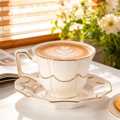 Tea Cups and Saucers Set of 2, 6.4oz Stackable Porcelain Coffee Cup, YFH12 - Image 6