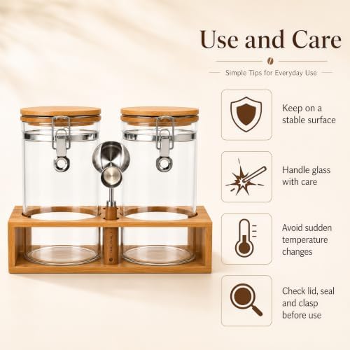 2 x 45 oz Coffee Canister Set, Airtight Glass Containers with Wooden Shelf - Image 3