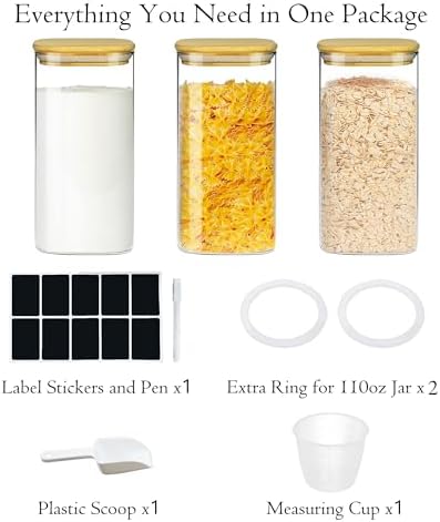 Glass Storage Containers with Airtight Bamboo Lids Set of 3,Pantry Food Glass Jar with Lid,Perfect for Kitchen Organization-Flour,Rice,Pasta,Sugar,Coffee Beans,Accessories Included (3 packs(68oz)) - Image 7