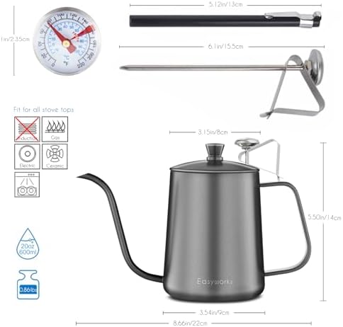 Easyworkz Gage Gooseneck Pour Over Coffee Kettle 20 oz with Thermometer Stainless Steel Hand Drip Coffee Pot, Bundled with Espresso Cup 2pcs Set Double Wall Insulated Metal Demitasse Cups (Black,5 oz) - Image 2