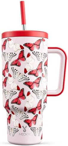 Meoky 40 oz Tumbler with Handle and Straw: Stainless Steel Insulated Tumbler with Lid and Straw - 100% Leak Proof Tumbler for Car Cup Holders - Travelers Commuters Workers, Red Butterfly by MEOKY