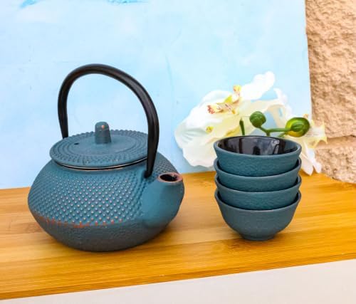Ebros Gift Traditional Oriental Tetsubin Small Cast Iron 10oz Teapot With Strainer And 4 Mini Tea Cups 1oz Asian Fusion Housewarming Tea Service Drinkware Accent (Sky Blue Rustic Hobnails Texture) by EbrosGift