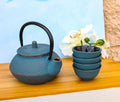 Ebros Gift Traditional Oriental Tetsubin Small Cast Iron 10oz Teapot With Strainer And 4 Mini Tea Cups 1oz Asian Fusion Housewarming Tea Service Drinkware Accent (Sky Blue Rustic Hobnails Texture) by EbrosGift