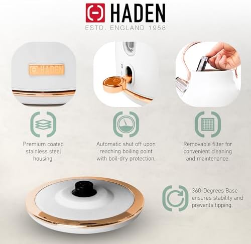 Haden Heritage 1.7 Liter Stainless Steel Electric Kettle, Hot Water Kettle with 360-Degree Base and Auto Shutoff, Ivory & Copper - Image 3