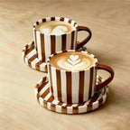 2-Pack Ceramic Coffee Mug and Saucer Set, 8 oz Hand-Painted Green Stripe Porcelain Espresso Cups for Latte, Tea, Cappuccino (Brown) by Unknown