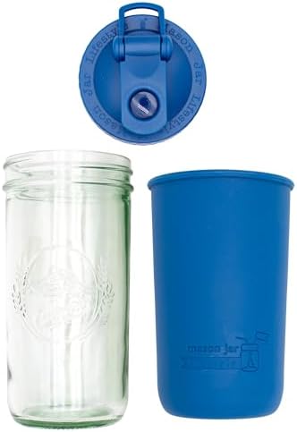 Mason Jar Lifestyle Wide Mouth 24oz Pint & Half Mason Jar Water Bottle Travel Tumbler with Silicone Sleeve & Pour & Store Shaking Lid (Deep Blue) by MasonJarLifestyle