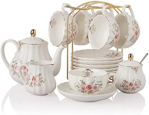 Porcelain Tea Sets British Royal Series, 8 OZ Cups& Saucer Service for 6, with Teapot Sugar Bowl Cream Pitcher Teaspoons and tea strainer and Display Stand for Tea/Coffee (Rose Flower) - Image 2