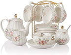 Porcelain Tea Sets British Royal Series, 8 OZ Cups& Saucer Service for 6, with Teapot Sugar Bowl Cream Pitcher Teaspoons and tea strainer and Display Stand for Tea/Coffee (Rose Flower) - Image 2