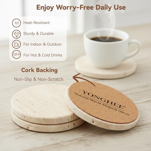 Travertine Marble Coasters Set of 6 with Holder, Cream Beige Stone - Image 5