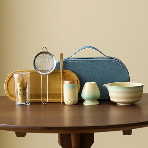 7-Piece Travel Matcha Set, Portable Ceremony Kit with Gradient Glaze Bowl, Ceramic Tea Caddy, Bamboo Whisk & Carry Case (Gradient Cyan Green) by Unknown