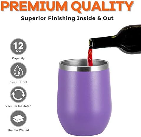 COMOOO Stainless Steel Wine Tumbler Bulk with Lid and Straw 12oz Double Wall Vacuum Insulated Travel Tumbler Cup Stemless for Hot and Cold Drinks, Coffee, Wine, Cocktails (Light Purple, 8 Pack) - Image 4