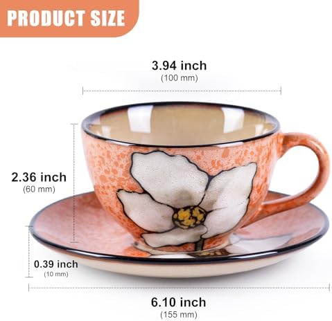 8 Oz Floral Porcelain Cappuccino Cups with Saucers Set of 4, Stoneware Tea Coffee Mugs for Home Kitchen & Office, Dishwasher Microwave Oven Safe, for Espresso, Latte, Americano, Milk & Tea, Pink - Image 3