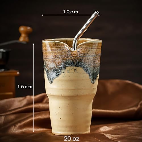 Ceramic Cup with Straw, Vintage Porcelain Coffee Mug, Handmade Mugs for Espresso Latte drink, Handleless, Dishwasher & Microwave Safe, large capacity - 20oz Khaki - Image 2