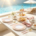 WDF 30Guest Pink Plates Disposable - Hign-end Baroque Design - Gold Plastic Silverware with Handle-Baroque Pink &Gold Plastic Dinnerware for Baby Shower/Wedding/Birthday/Summer Party - Image 5