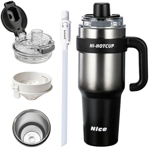 HI-Hotcup-42.58oz Insulated Stainless Steel Travel Mug with Handle, 316/Ceramic Liner Vacuum Tumbler, Leak-Proof Hot Cold Coffee Cup with Straw & Tea Infuser for Car, Outdoor-002 by Unknown