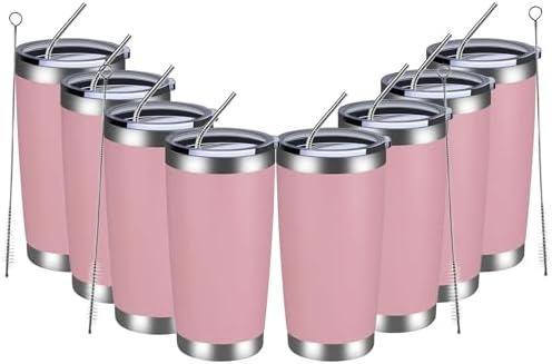 MEWAY 20oz Tumbler 8 Pack Double Wall Vacuum Insulated Travel Mug Bulk, Stainless Steel Tumblers with Lid and Straw, Durable Powder Coated Coffee Cups for Cold & Hot Drinks (Pink, 8) by MEWAY