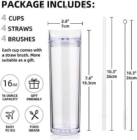Volhoply 16oz Plastic Skinny Tumbler with Lid and Straw Bulk 10 Pack,Insulated Double Wall BPA Free Matte Acrylic Tumblers,Iced Coffee Travel Reusable Party Cup,Customizable Diy Gifts(Clear,10 Set) - Image 2