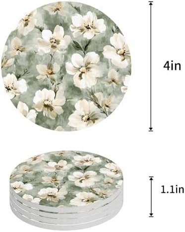 Coaster for Drinks 4 Pack,Spring Waterclor Blooming Floral Absorbent Round Ceramic Stone with Cork Base,Garden Natural Flower Art Drink Coaster Cup Mats for Home Dining Coffee Tables - Image 4