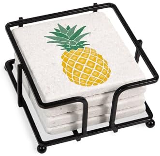 CafePress Yellow Stencil Pineapple Cute Women G Tumbled Stone - Set of 4 Coasters Set of 4 w/holder by CafePress