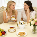 20 Pcs Porcelain Tea Set with Metal Holder and Spoon, European Ceramic Tea Set for Adults, European Flower Painting Teapot Cup Saucer Spoon Set for 6, 1000ML Gift Pack(White) - Image 5
