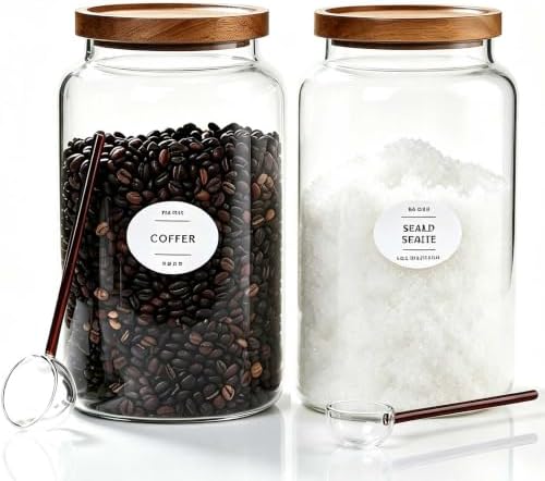 1 Gallon Glass Jars with Wood Lids and glass spoon, Sealable Waterproof, Borosilicate Large Tall Glass Sugar Flour Storage Container Jar Set for Candy, Cereal - 2 Pack (1 Gallon - 2 pack) by Unknown