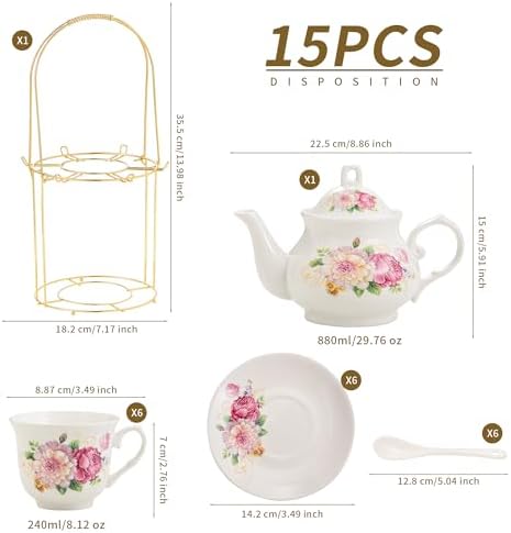 20-Pieces Porcelain Tea Sets For Women, Tea Set For Adult with Golden Metal Rack,Tea Gift Sets for Home&Party(0011) - Image 3