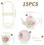 20-Pieces Porcelain Tea Sets For Women, Tea Set For Adult with Golden Metal Rack,Tea Gift Sets for Home&Party(0011) - Image 3