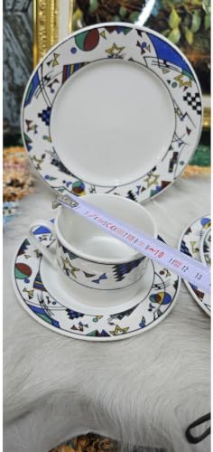 SODEF Vintage Porcelain 6-Piece Tea Cup Set Geometric Modern Pattern Ecru Base Multicolor Cups Saucers Dessert Plates for 2 People Collectible Display - Ecru - Image 2