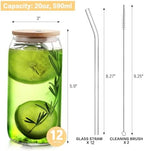 HOMBERKING Glass Cups with Bamboo Lids and Straws 12pcs Set, 20oz Can Shaped Glass Cups, Beer Glasses, Iced Coffee Cup, Cute Tumbler Cup with Cleaning Brushes, Ideal for Cocktail, Whiskey, Tea - Image 2