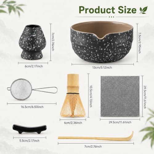 7PCS Matcha Set, Matcha Making Kit Includes Matcha Whisk and Bowl, Tea Lid, Scoop, Strainer and Match Whisk Holder, Tea Towel, Matcha Whisk Set for Matcha Lovers (Black) - Image 2