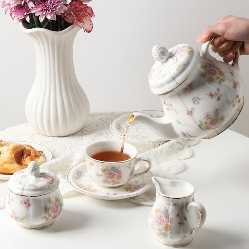 Sweejar 23 Pcs Floral Tea Sets with Metal Holder, Relief Gold Rim Porcelain Tea Sets for Adults, Cup and Saucer Set for 6, with Teapot, Sugar Bowl, Milk Jug, Spoons (Small Flower) - Image 5