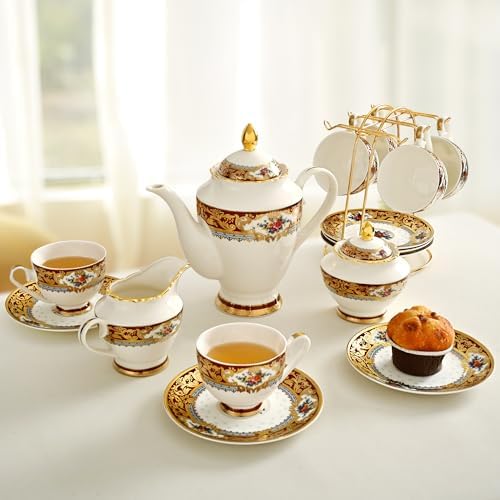 Luxury White & Gold Embossed Tea Cups and Saucers with Teapot, Sugar Bowl, & &Creamer, Vintage European Porcelain Coffee Set for Tea Party, Wedding, Gift (Red&Gold, 17pcs/set) - Image 5