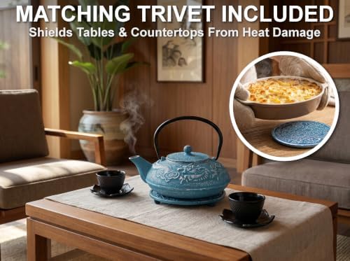 40 Oz Blue Dragon Cast Iron Teapot, Enamel Interior, Infuser & Trivet - Image 4