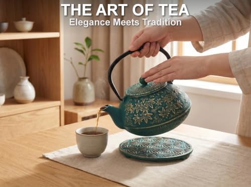 40 Oz Green Maple Leaf Cast Iron Teapot, Enamel Interior, Infuser & Trivet - Image 2
