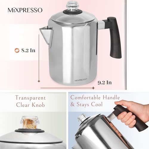 Mixpresso 5-8 Cup Coffee Percolator Stovetop, Stainless Steel Coffee Pot - Image 2