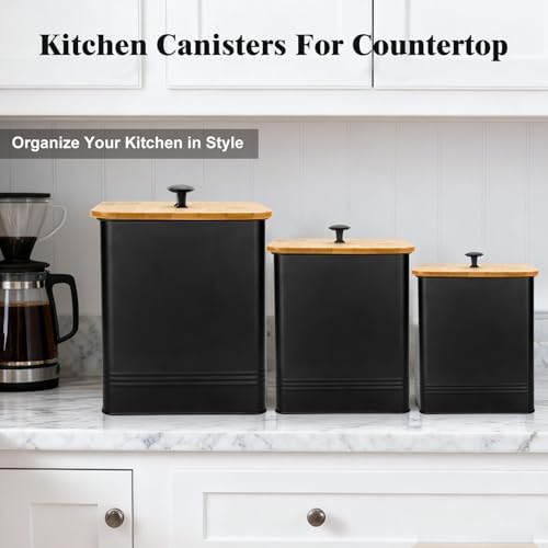 Kitchen Canisters Set of 3, Metal Flour Sugar Storage Containers with Airtight Lids-Canisters Sets for Kitchen with Customizable Chalkboard Labels & Marker Pen-Spice, Coffee Storage Jars(Black) - Image 3