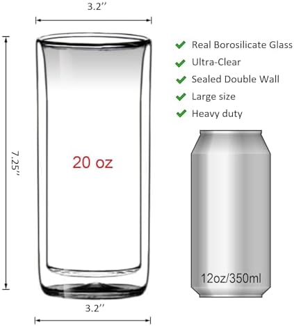 Sun's Tea (Set of 2) 20oz (600ml) Ultra Clear Strong Double Wall Insulated Thermo Glass Tumbler V3 Highball Glass for Beer/cocktail/lemonade/iced Tea/Smoothie (Real Borosilicate Glass, Not Plastic) - Image 4