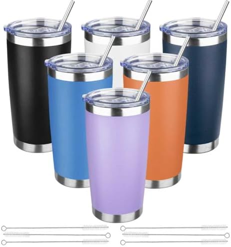 20 oz Tumbler with Lids and Straws, Stainless Steel Insulated Travel Coffee Mug, Double Wall Vacuum Insulated Tumblers, Powder Coated Coffee Tumbler for Cold & Hot Drinks (Mix Color-7) by YEBTSLife