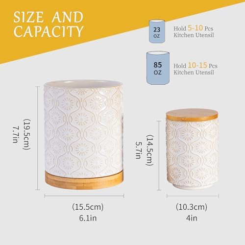 TEATALK Ceramic Utensil Holder Set, 360° Rotating Organizer for Countertop, Farmhouse Vintage Style, Large and Small Crocks in White, 7.7"+5.7" - Image 2