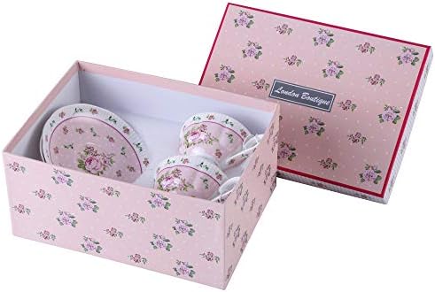 London Boutique Coffee Tea Cups and Saucers Set of 2 Vintage Flora Rose Lavender Porcelain Gift Box (Rose Pink 2pc Set) - Image 2