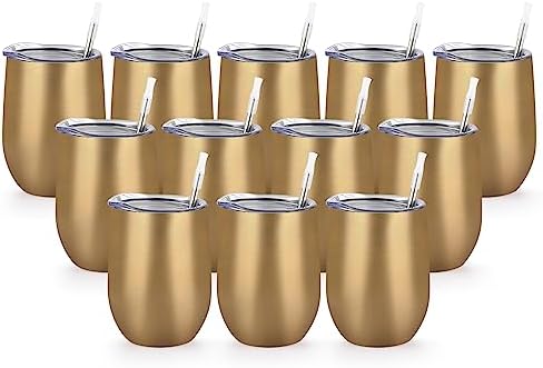 Lifecapido 12 Pack 12oz Stainless Steel Wine Tumblers, Insulated Wine Tumbler, Double Wall Insulated Wine Glass, Stainless Steel Stemless Wine Cups with Lids for Coffee, Wine, Champaign, Gold by Lifecapido