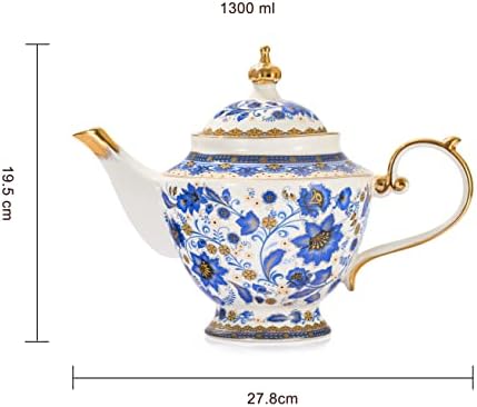 Fine Bone China Tea Set with Teapot, Teacups & Spoons & Saucers 13-Pieces Blue, Porcelain White & Gold Detailed Dream Vintage Floral - Coffee & Teas, Gifts for Mom, Her, Housewarming, Wedding Service - Image 5